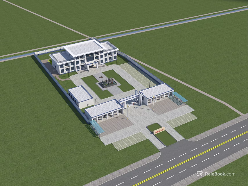 Modern Building Complex With Green Lawns Courtyard Parking Area And Road 3d model 