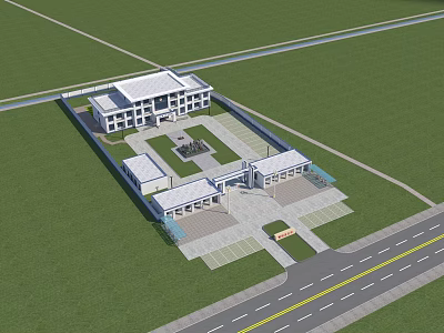 Modern Building Complex With Green Lawns Courtyard Parking Area And Road 3d model