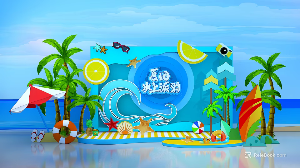 Summer Water Party Scene With Palm Trees Lemon Slices Sunglasses Lifebuoy And Seashells 3d model 