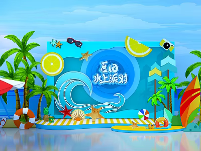 Summer Water Party Scene With Palm Trees Lemon Slices Sunglasses Lifebuoy And Seashells 3d model