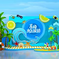 Summer Water Party Scene With Palm Trees Lemon Slices Sunglasses Lifebuoy And Seashells