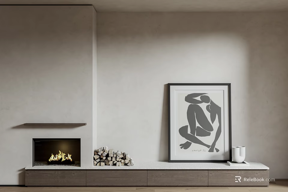 Modern Fireplace Interior With Flames Wood Pile And Black White Wall Artwork 3d model 