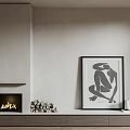 Modern Fireplace Interior With Flames Wood Pile And Black White Wall Artwork