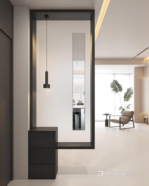 Modern Entryway Hallway Interior With Large Mirror Sleek Pendant Light And Green Plant 3d model 