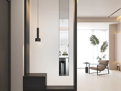 Modern Entryway Hallway Interior With Large Mirror Sleek Pendant Light And Green Plant 3d model