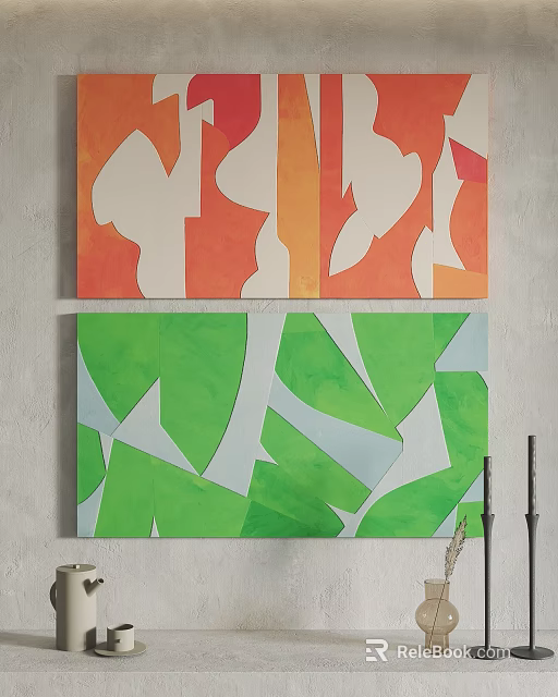 Abstract Paintings With Orange Green White Geometric Patterns On Gray Wall Home Decor 3d model