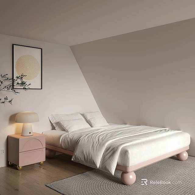 Minimalist Modern Double Bed with White Bedding Pink Nightstand Round Wall Art and Green Plant 3d model 