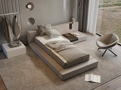 Modern Single Bed With Gray Bedding Minimalist Design Side Chair And Area Rug 3d model