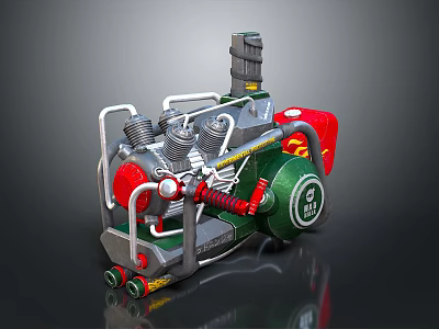 Mechanical Equipment With Multiple Cylinders Metal Frame Pipes Red Components And Green Wheels 3d model