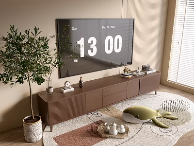 Modern Brown TV Stand With TV Decorations And Green Plant In Living Room 3d model