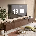 Modern Brown TV Stand With TV Decorations And Green Plant In Living Room