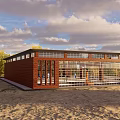 Basketball Gym With People Playing Basketball Wooden Floor Brick Walls And Large Windows