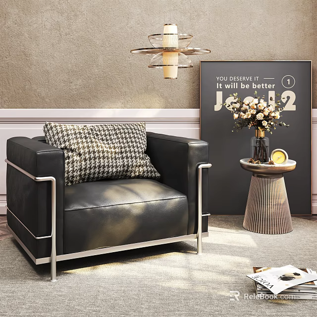 Black Leather Single Sofa With Metal Frame Houndstooth Pillow And Side Table Flower Vase 3d model 