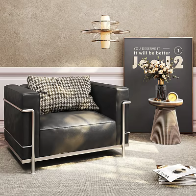 Black Leather Single Sofa With Metal Frame Houndstooth Pillow And Side Table Flower Vase 3d model