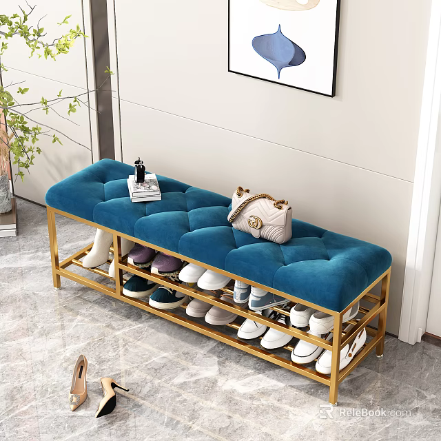 Stylish Blue Velvet Bench with Golden Metal Frame and Multi Layer Shoe Storage 3d model 