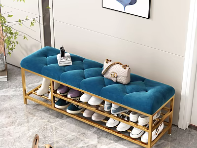 Stylish Blue Velvet Bench with Golden Metal Frame and Multi Layer Shoe Storage 3d model