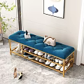 Stylish Blue Velvet Bench with Golden Metal Frame and Multi Layer Shoe Storage