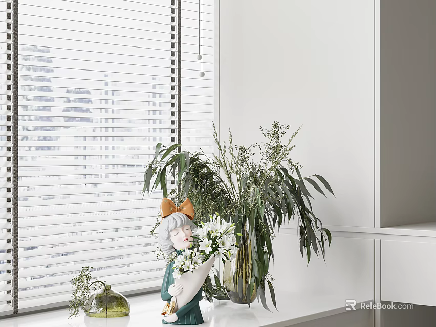 White Vase with Green Plants and White Flowers on Windowsill by Blinds with Decorative Figure 3d model 