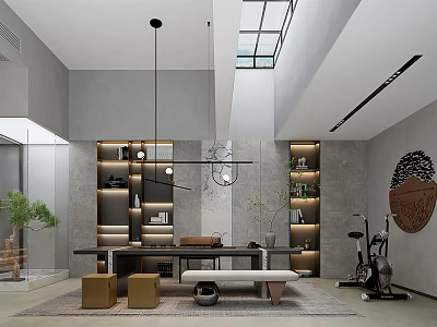Serene Tea Room Interior With Gray Walls Bookshelves Hanging Lamps Green Plants Bench Skylight Rug 3d model