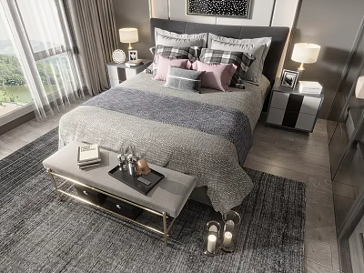 Modern Double Bed With Gray Bedding Plaid Pillows Pink Cushions Bedside Lamps And Window Curtains 3d model