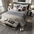 Modern Double Bed With Gray Bedding Plaid Pillows Pink Cushions Bedside Lamps And Window Curtains