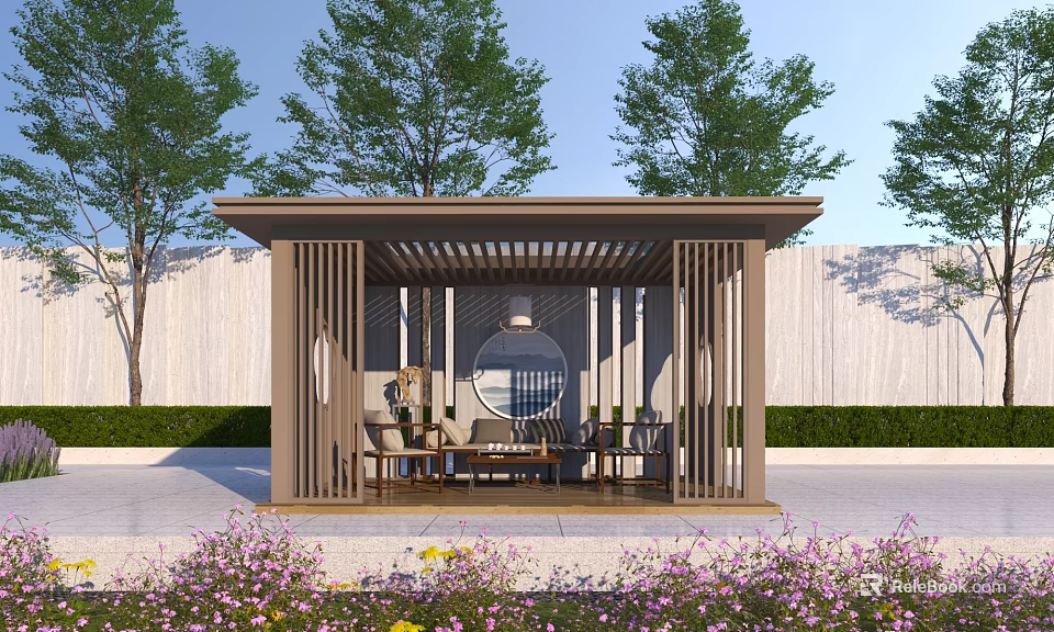 Garden Pavilion With Wooden Frame And Open Design Featuring Seating Area Surrounded By Trees And Flowers 3d model 