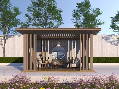 Garden Pavilion With Wooden Frame And Open Design Featuring Seating Area Surrounded By Trees And Flowers 3d model