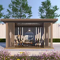Garden Pavilion With Wooden Frame And Open Design Featuring Seating Area Surrounded By Trees And Flowers