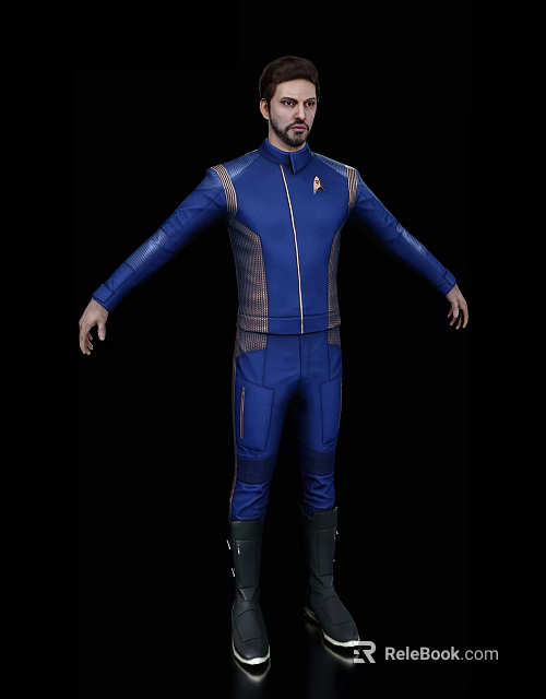 A Man In Blue Jumpsuit With Brown Accents Standing Against Black Background Arms Outstretched 3d model 