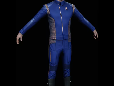 A Man In Blue Jumpsuit With Brown Accents Standing Against Black Background Arms Outstretched 3d model