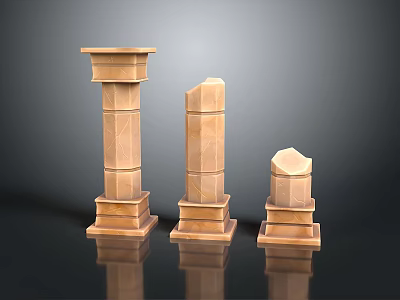 Classical Architectural Stone Columns In Different Heights Intact And Broken With Dark Background Reflection 3d model
