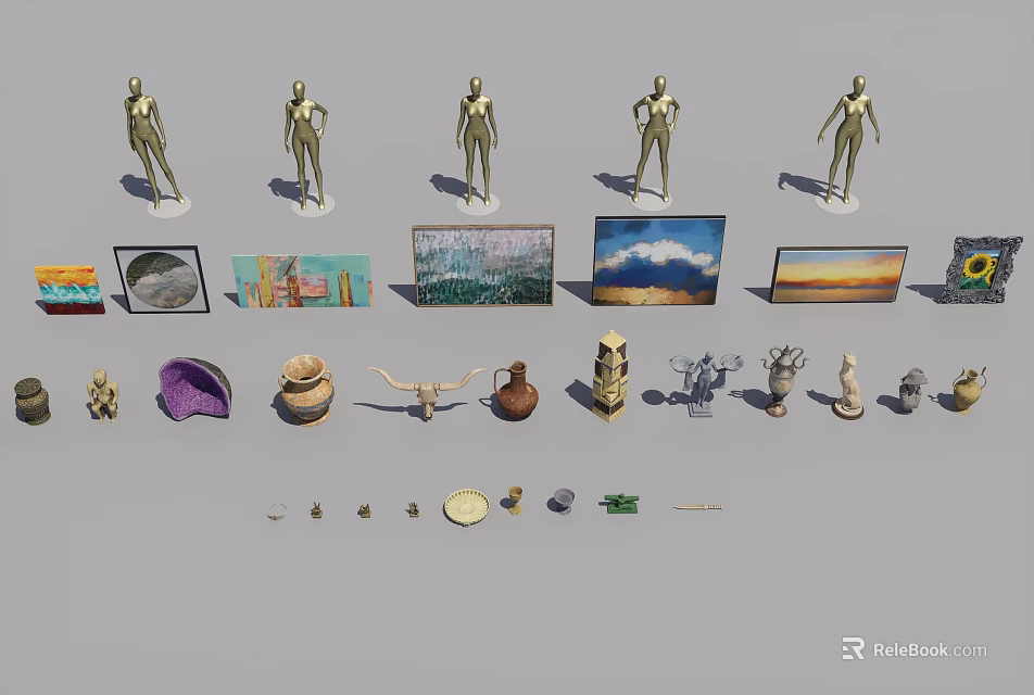 Artistic Decorative Ornament Set With Various Sculptures Paintings Vases Figurines And Decorative Plates 3d model 