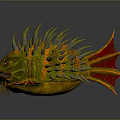 Fierce Mythical Spiky Fish with Green Orange Body Red Eyes and Lava Like Scales