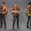 Male Adventurer Character With Companion Creature And Firearm Shovel Backpack Tools
