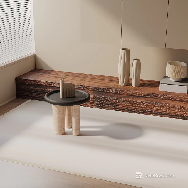 Modern Side Table Featuring Black Top Beige Cylindrical Legs By Wooden Shelf With Woven Basket 3d model 