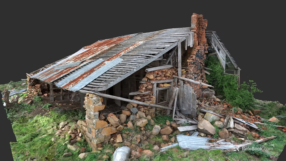 Rustic Garden Landscape With Old Dilapidated House Damaged Roof Stone Walls And Weeds 3d model 