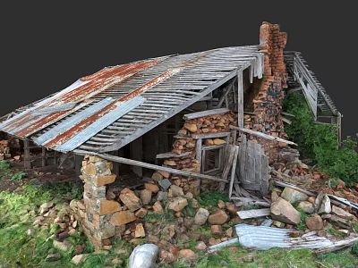 Rustic Garden Landscape With Old Dilapidated House Damaged Roof Stone Walls And Weeds 3d model