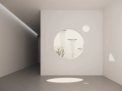 White Background Wall with Circular Opening Featuring Green Plants and Geometric Shapes in Minimalist Interior 3d model