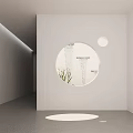 White Background Wall with Circular Opening Featuring Green Plants and Geometric Shapes in Minimalist Interior