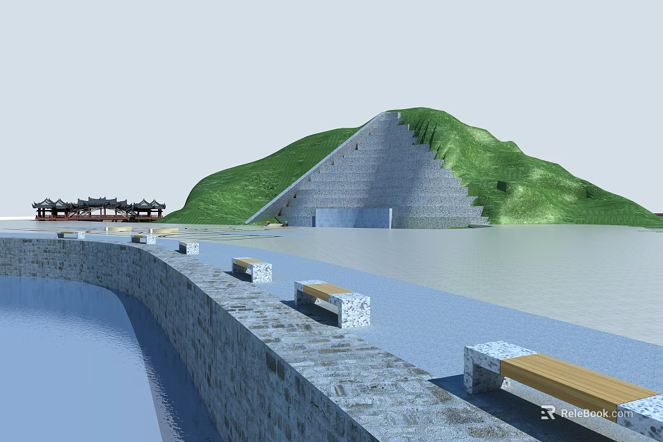 Scenic Stone Wall Waterfront Area With Wooden Benches Green Hill And Traditional Building 3d model 