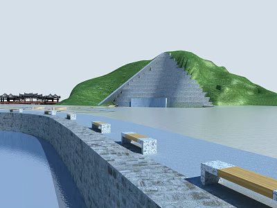 Scenic Stone Wall Waterfront Area With Wooden Benches Green Hill And Traditional Building 3d model