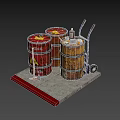 Household Supplies On Stone Slab With Red Yellow Oil Drums Blue Hand Truck And Axe