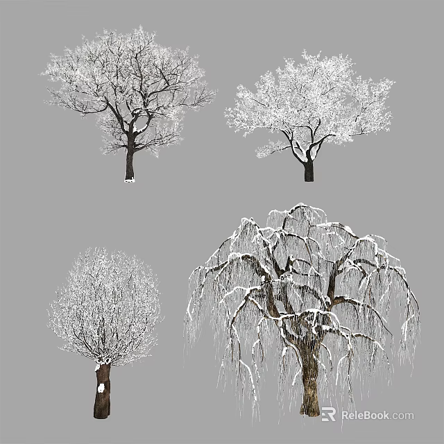 Snow Covered Arbor Trees With Different Winter Branch Structures And Shapes 3d model 