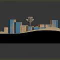 3D Architectural Model With Geometric Blue Structures And Water Elements On Sandy Base