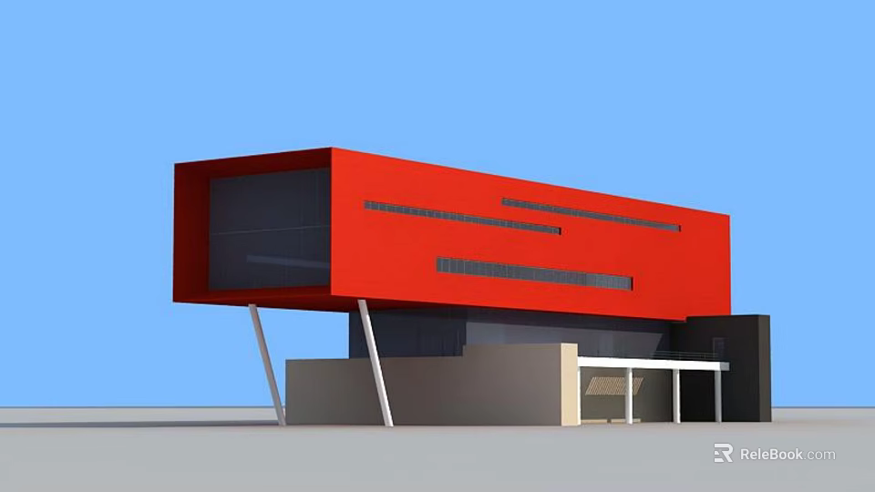 Red Modern Building Facade With Supporting Structure And Rectangular Windows Against Blue Sky 3d model