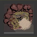 3D Cartoon Island Scene With Red Rocks Tree Rope Bridge Small Boat And Sandy Beach