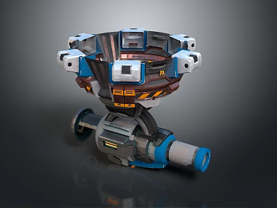 Futuristic Mechanical Weapon Design With Rotating Turret And Blue Orange Components 3d model