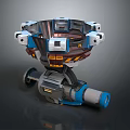 Futuristic Mechanical Weapon Design With Rotating Turret And Blue Orange Components