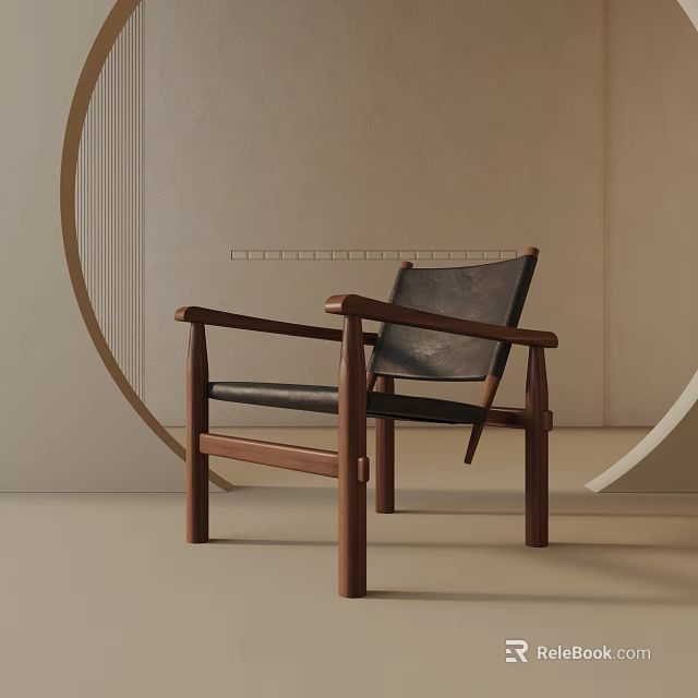 Minimalist Accent Chair With Wooden Frame And Leather Seat In Curved Decor Setting 3d model 