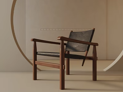 Minimalist Accent Chair With Wooden Frame And Leather Seat In Curved Decor Setting 3d model